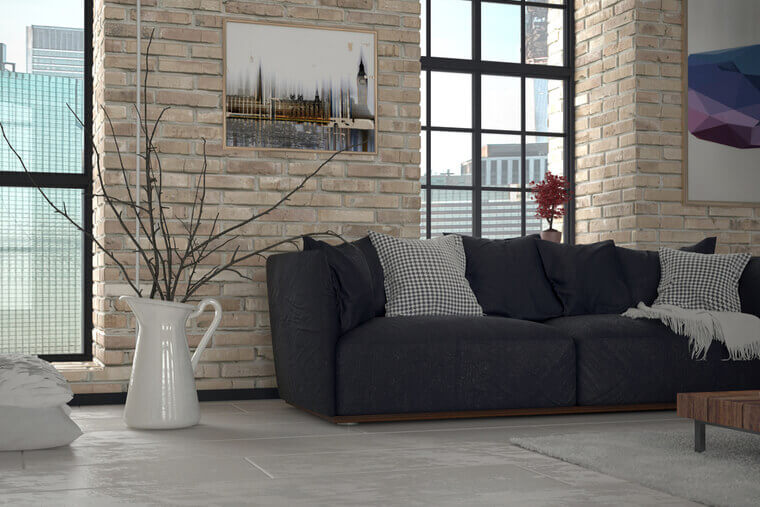 3d Rendering of Interior of Urban Apartment Living Room with Sofa and Exposed Brick Wall