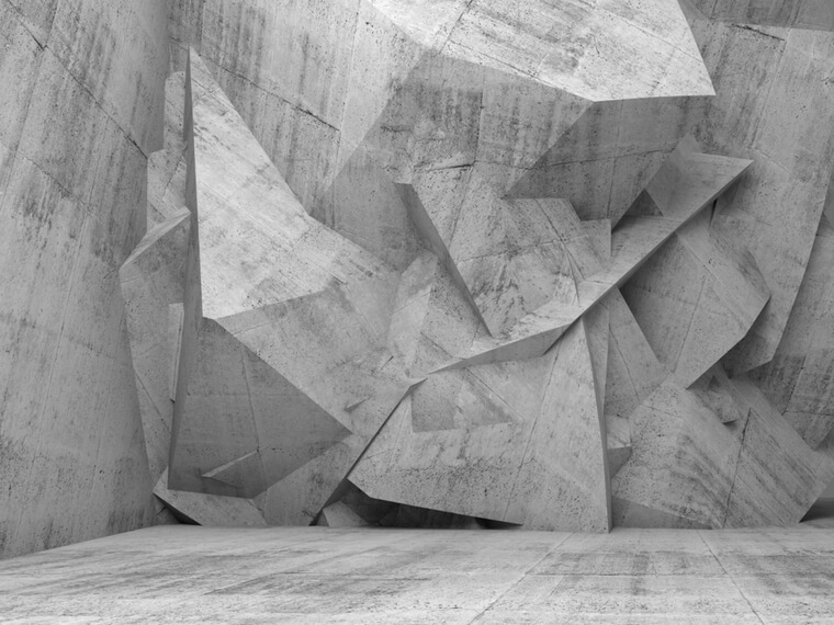 Abstract empty concrete 3d interior with chaotic polygonal relief pattern on the wall Abstract empty concrete 3d interior with chaotic polygonal relief pattern on the wall