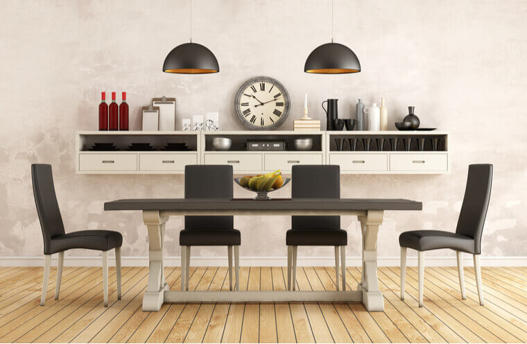 Black and white retro dining room with old table and chairs Black and white retro dining room with old table and chairs