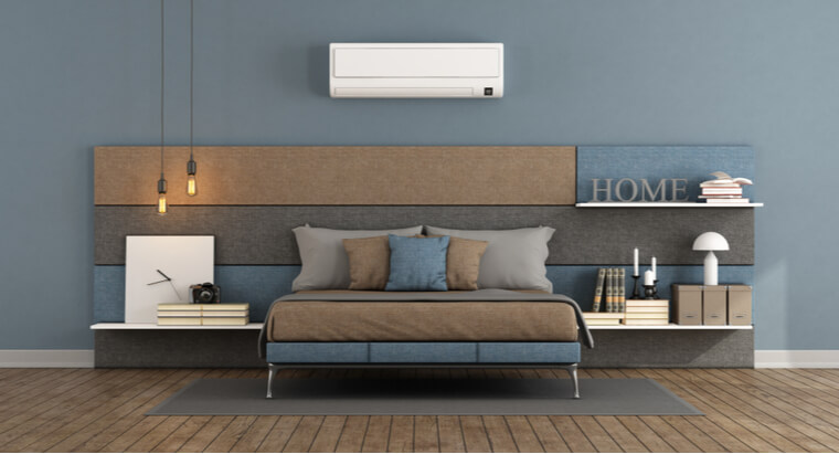 Modern master bedroom with bed headboard in fabric with shelves and air conditioner Modern master bedroom with bed headboard in fabric with shelves and air conditioner