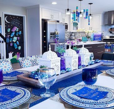 Blue and white Eid dinner table setup