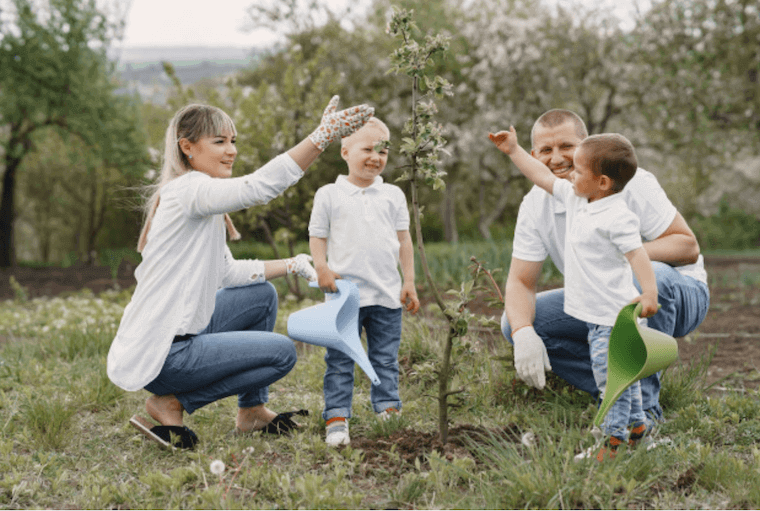 family with two little sons planting a tree in a garden