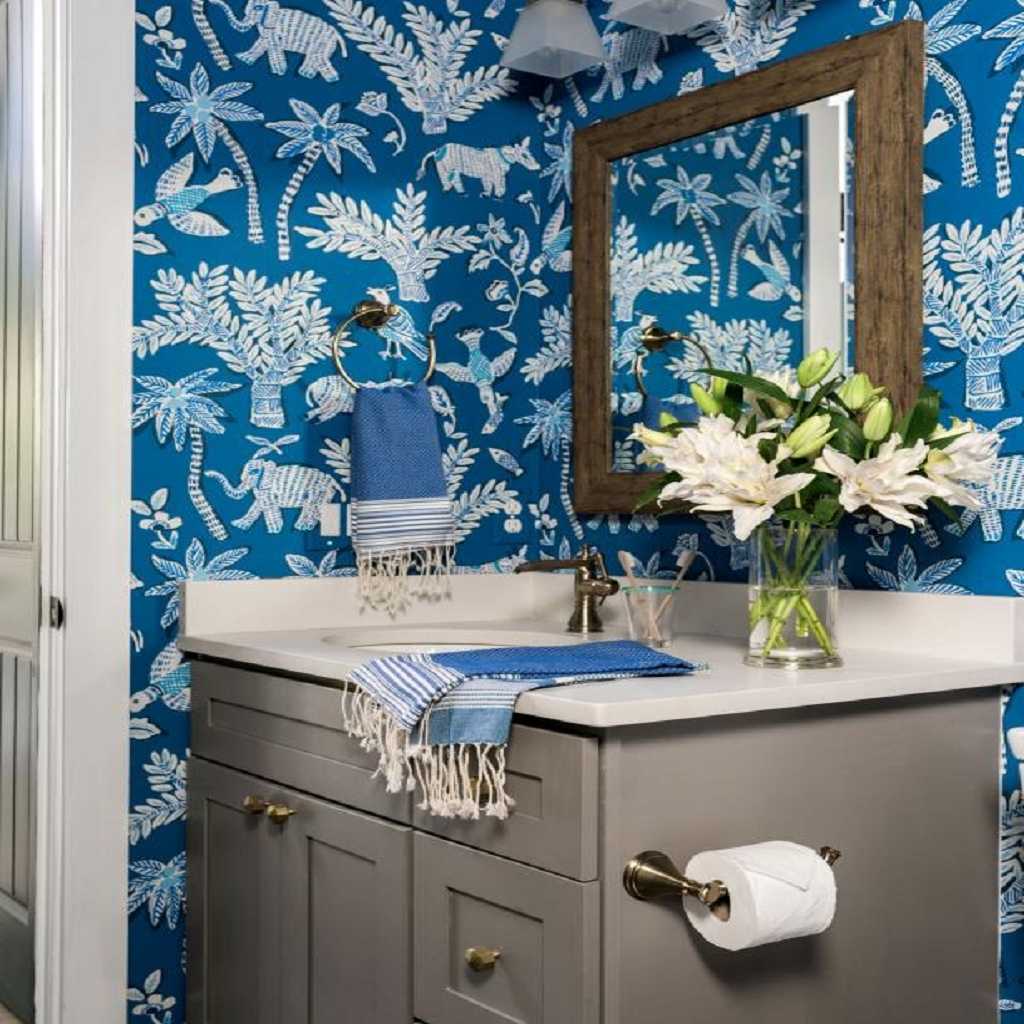 Printed Wallpaper Blue Vanity Bathroom Printed Wallpaper Blue Vanity Bathroom
