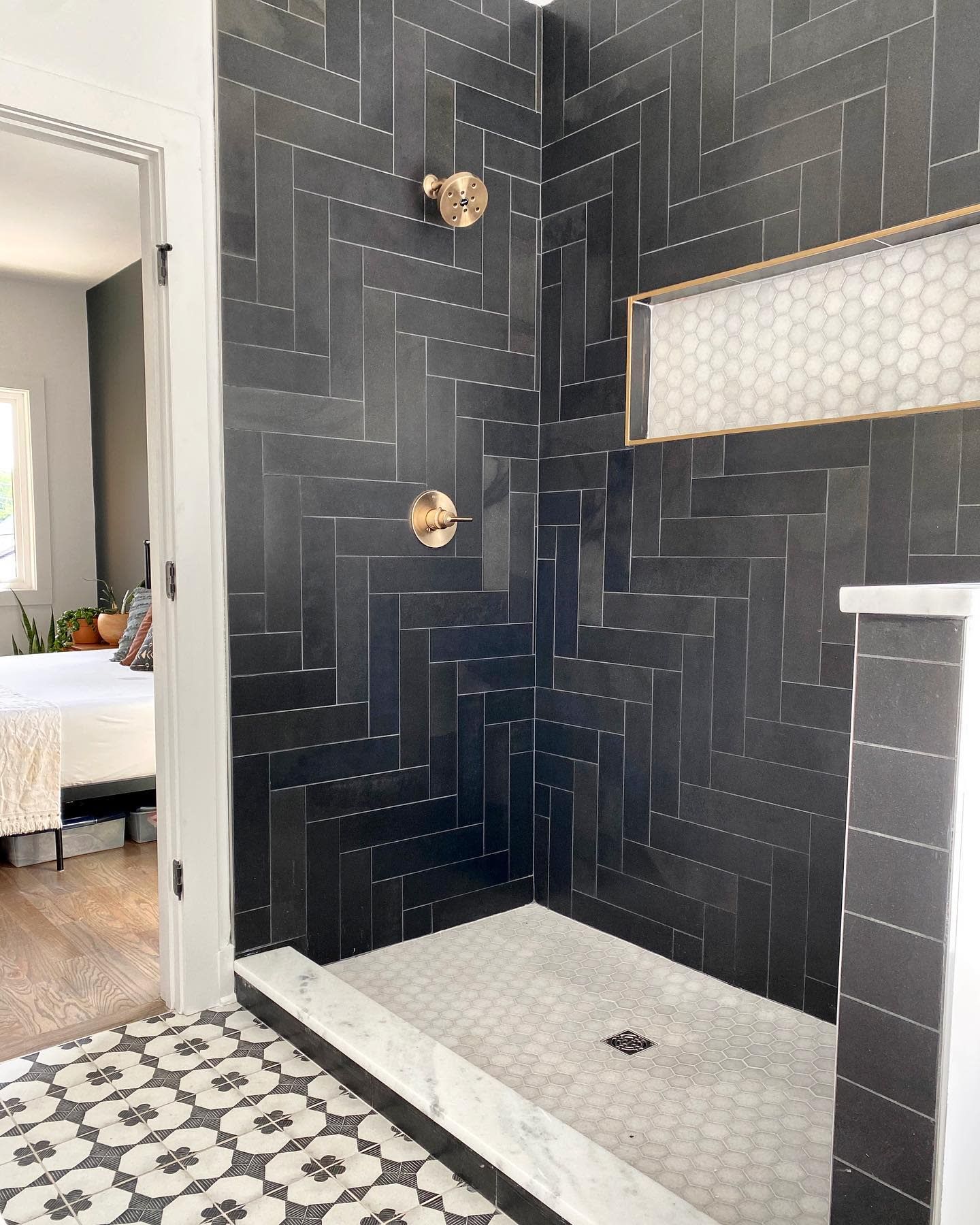 Black tile shower niche Black tile shower niche