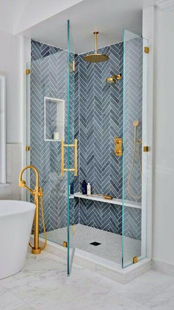 Herringbone tile shower niche