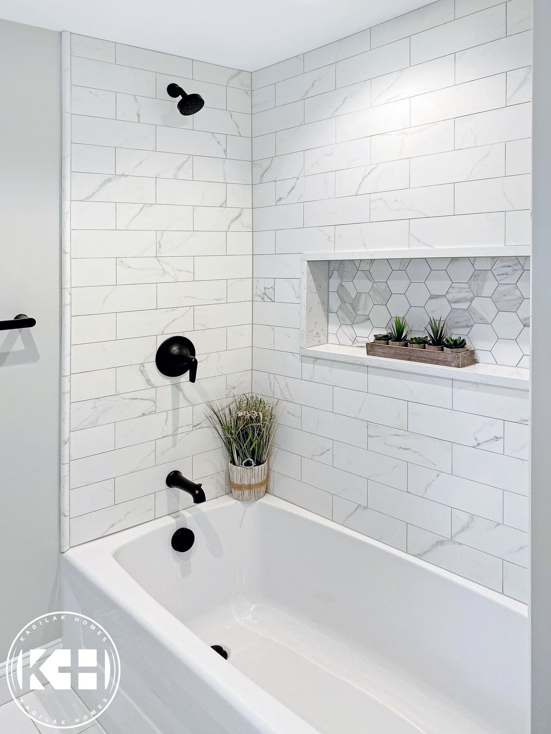 Hexagon tile shower niche