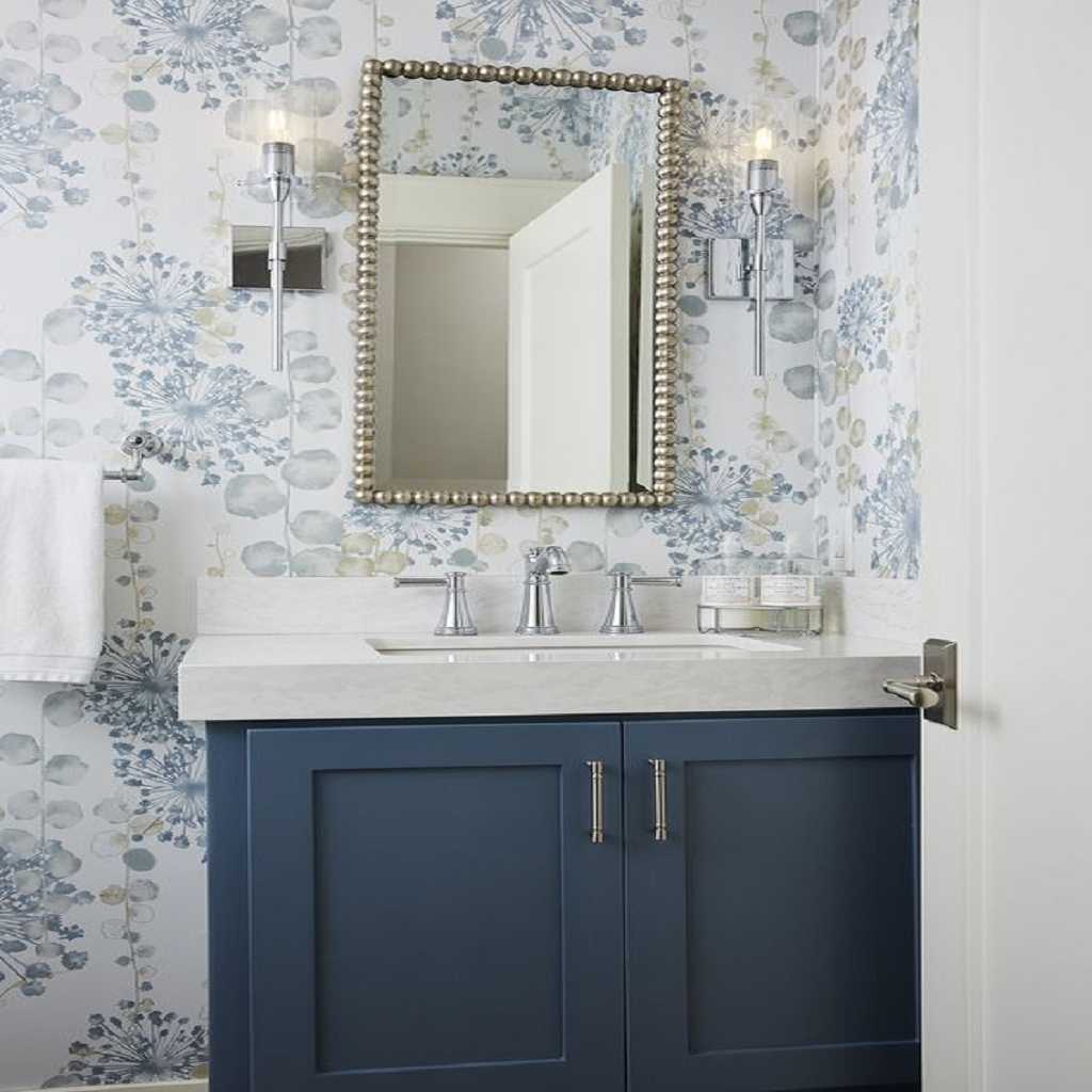 Navy Blue And White Floral Bathroom Vanity Wallpaper