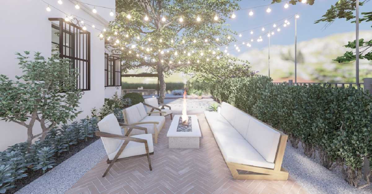 side yard patio with decorative lights