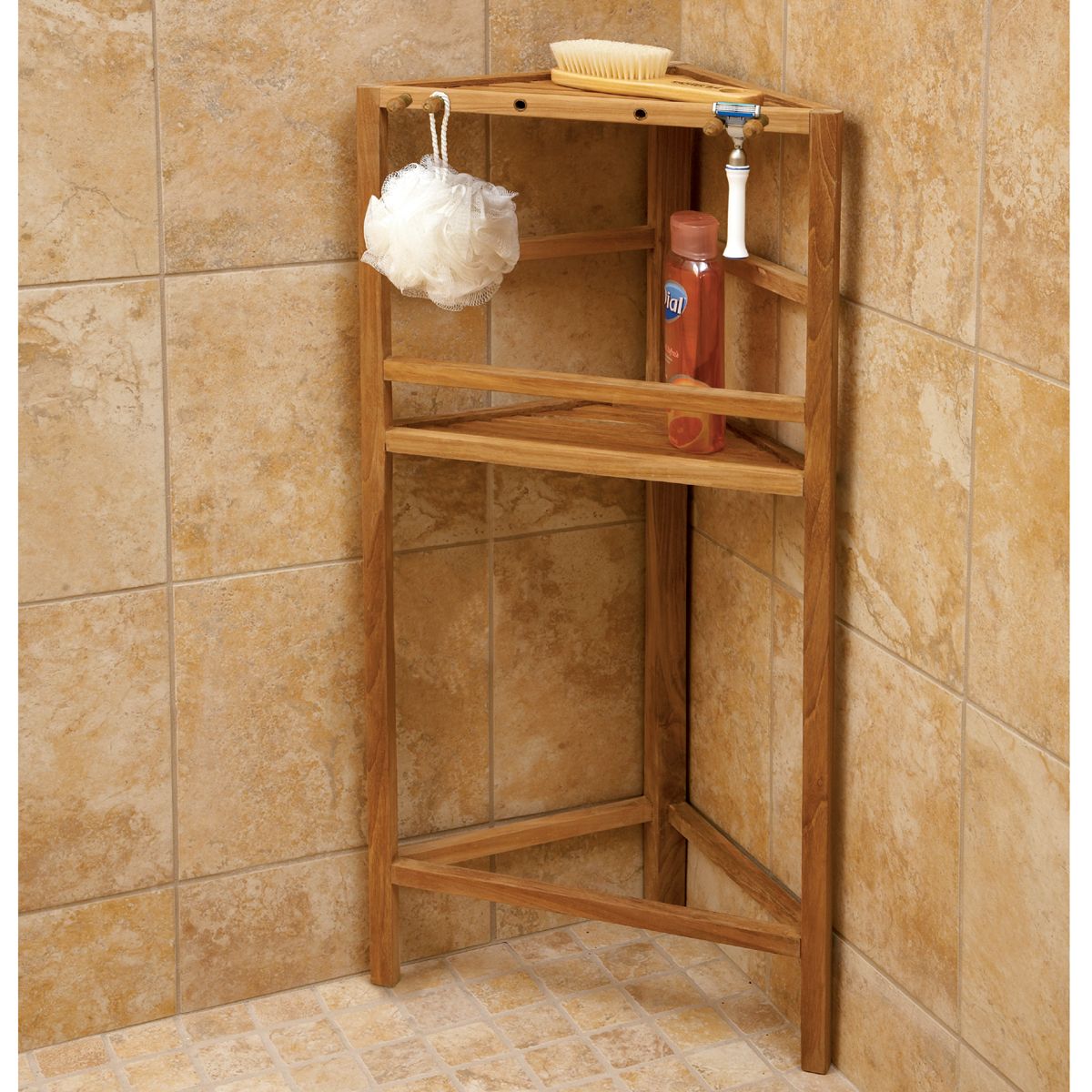 Wood corner shower shelf