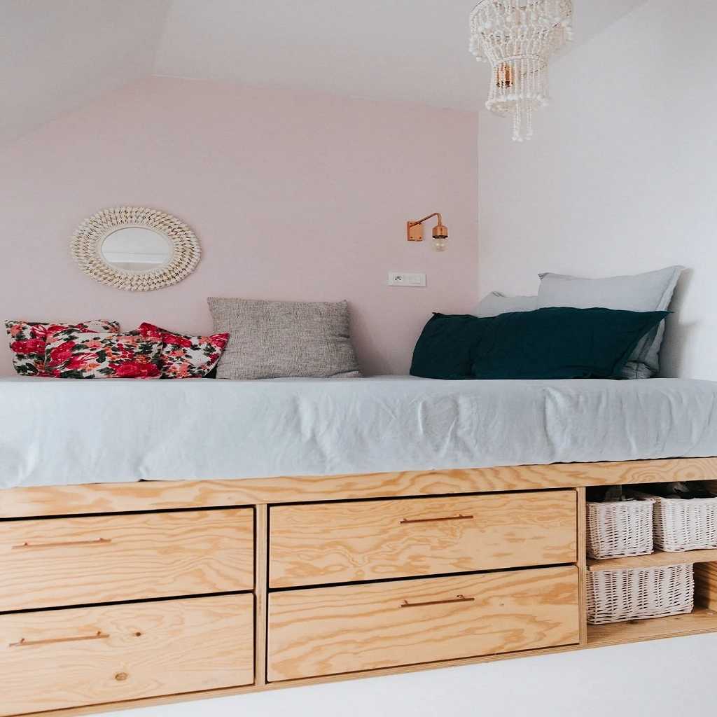 Bed with shelving and storage