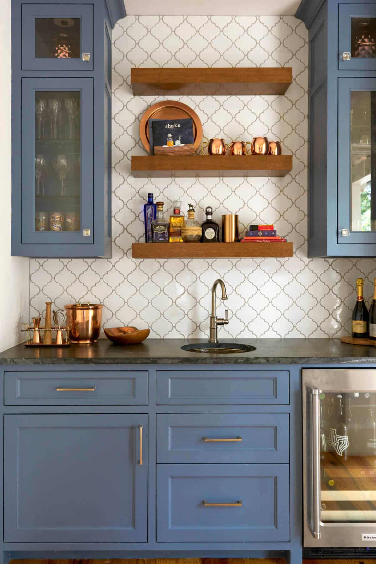 blue farmhouse bar shelf