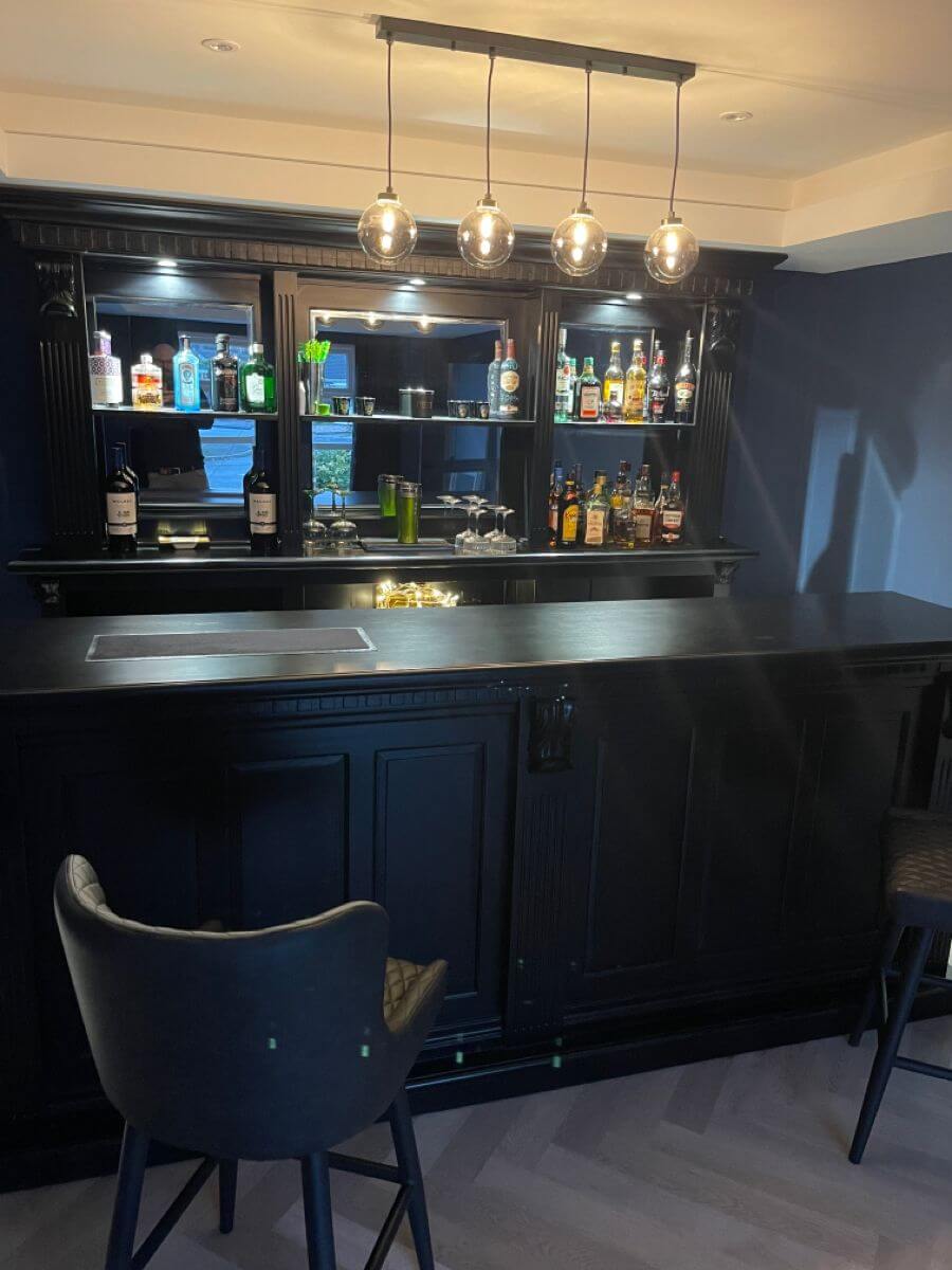 dramatic black and blue home bar