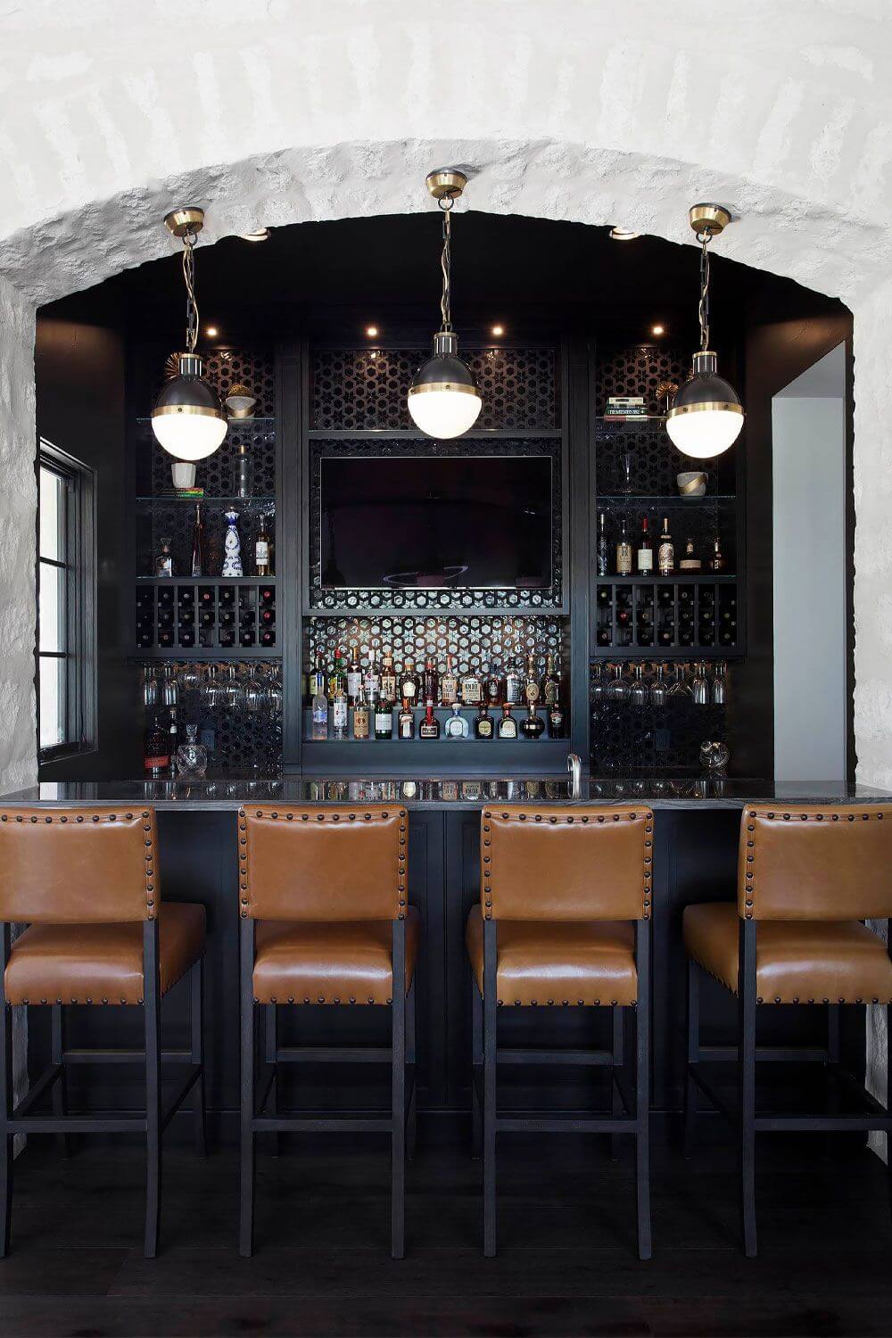 dramatic black home bar