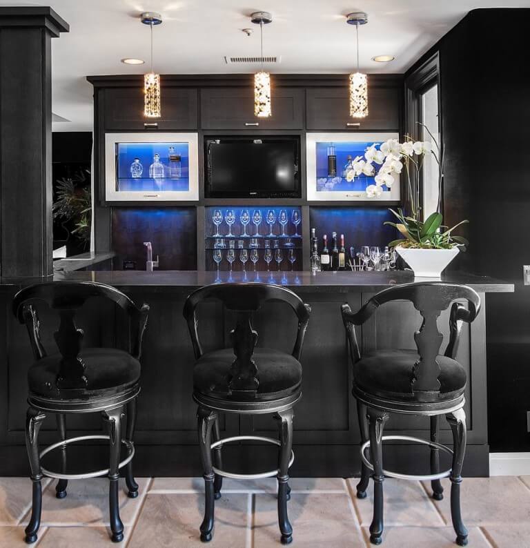 dramatic black home bar