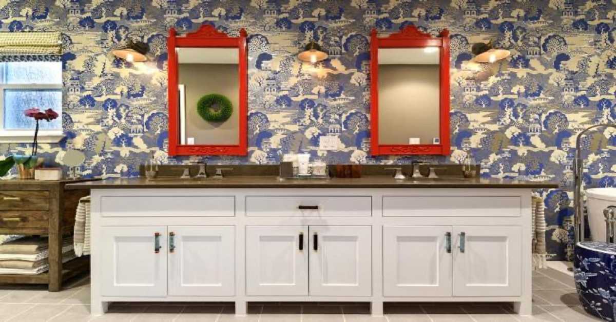 Printed and Dramatic Wallpaper for Bathroom Double Sink Ideas Printed and Dramatic Wallpaper for Bathroom Double Sink Ideas