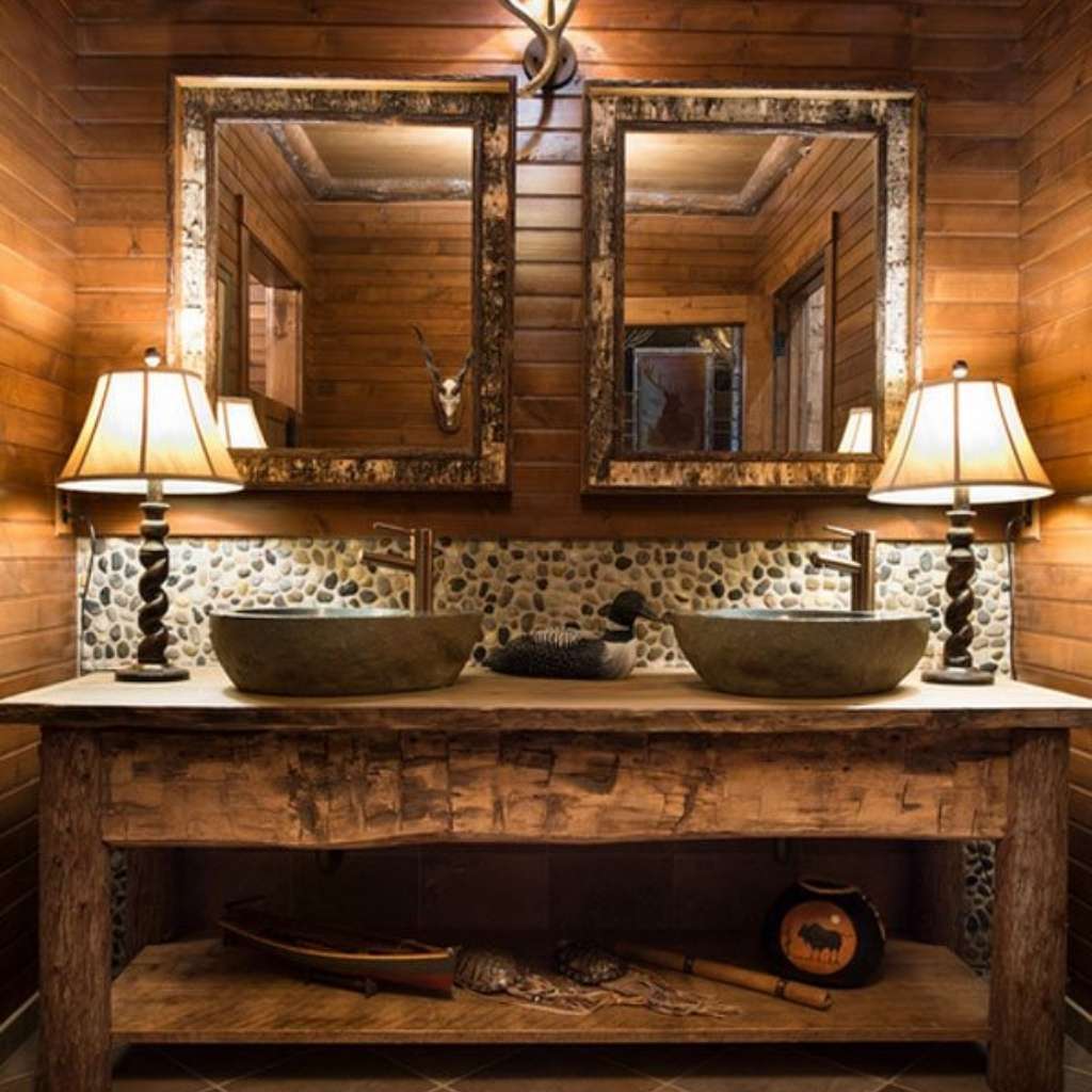 An elegant showcase of a rustic bathroom