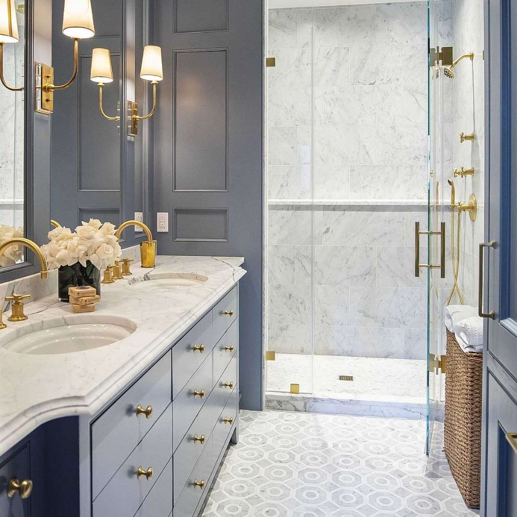 A contemporary vanity bathroom splashed with blue