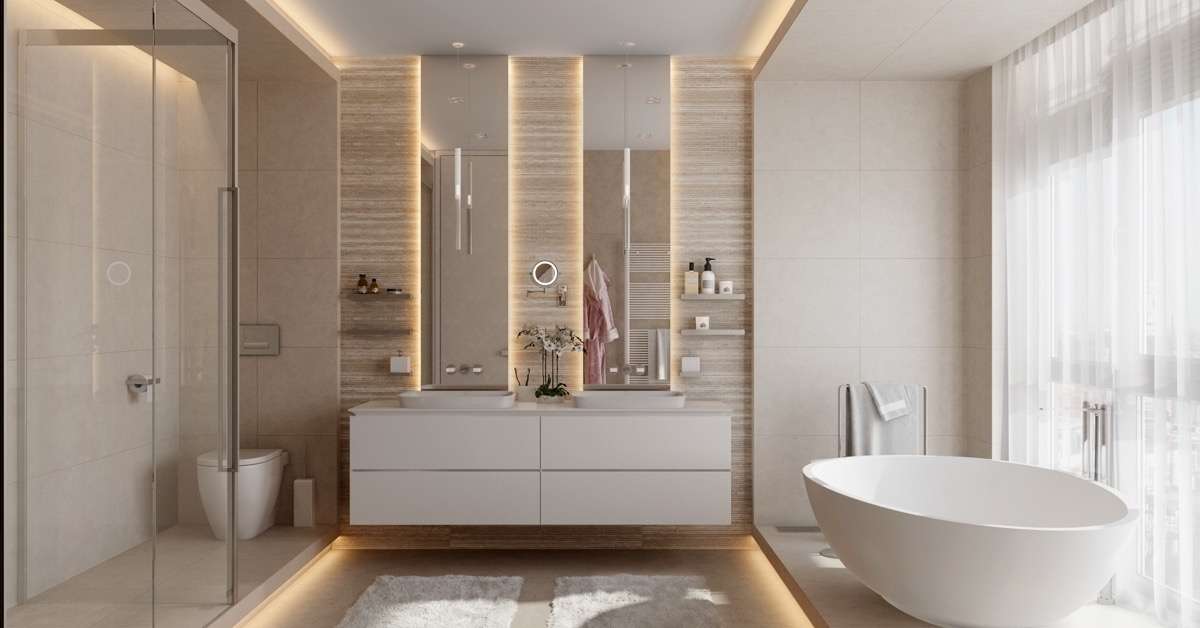 A floating double sinak with cabinets in a white-themed bathroom