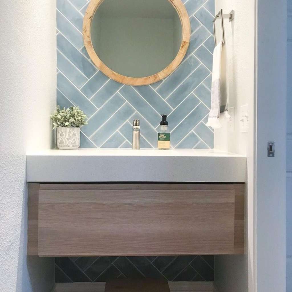 A floating vanity made from repurposed wood A floating vanity made from repurposed wood