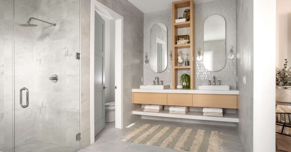 An oak vanity in a industrial-type bathroom An oak vanity in a industrial-type bathroom