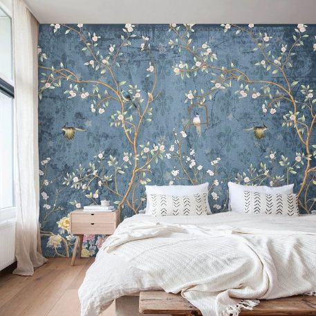 Blue Wallpaper With White Flowers On A Bedroom Wall