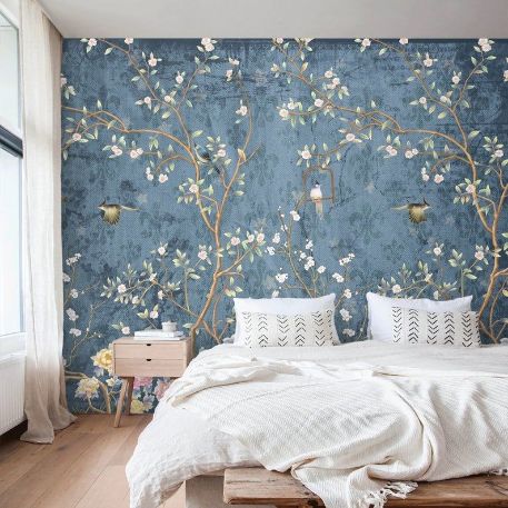 Blue Wallpaper With White Flowers On A Bedroom Wall Blue Wallpaper With White Flowers On A Bedroom Wall