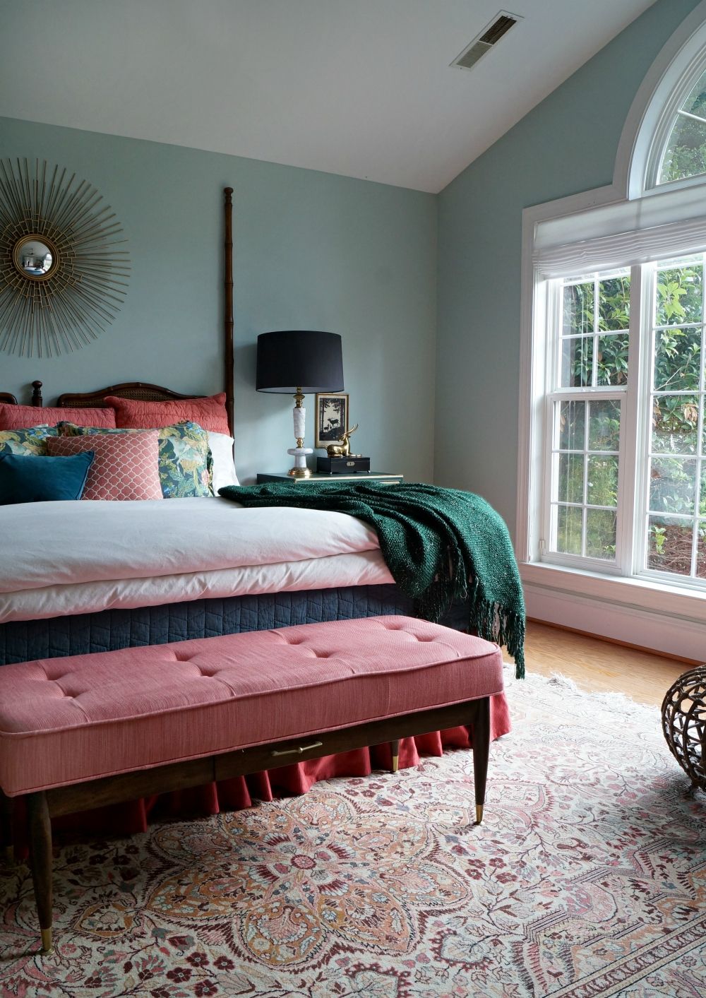 Coral And Green Color Combination In Women’s Bedroom