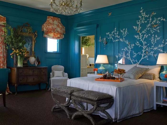 Hand-Painted Tree On Dark Blue Bedroom Wall