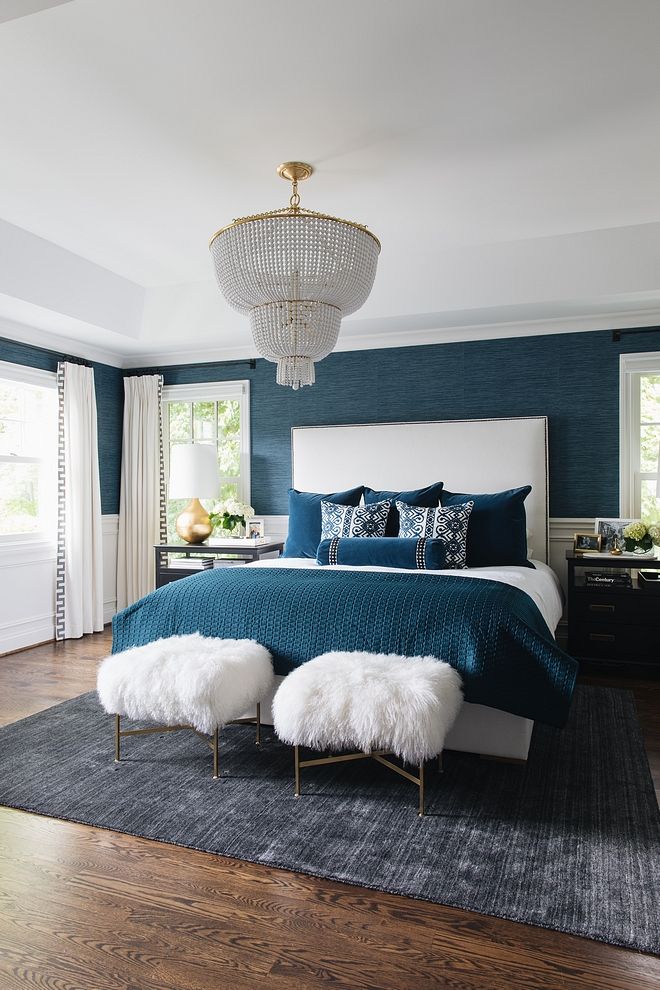 Remarkably Elegant Bedroom In Navy Blue, Cream And Grey