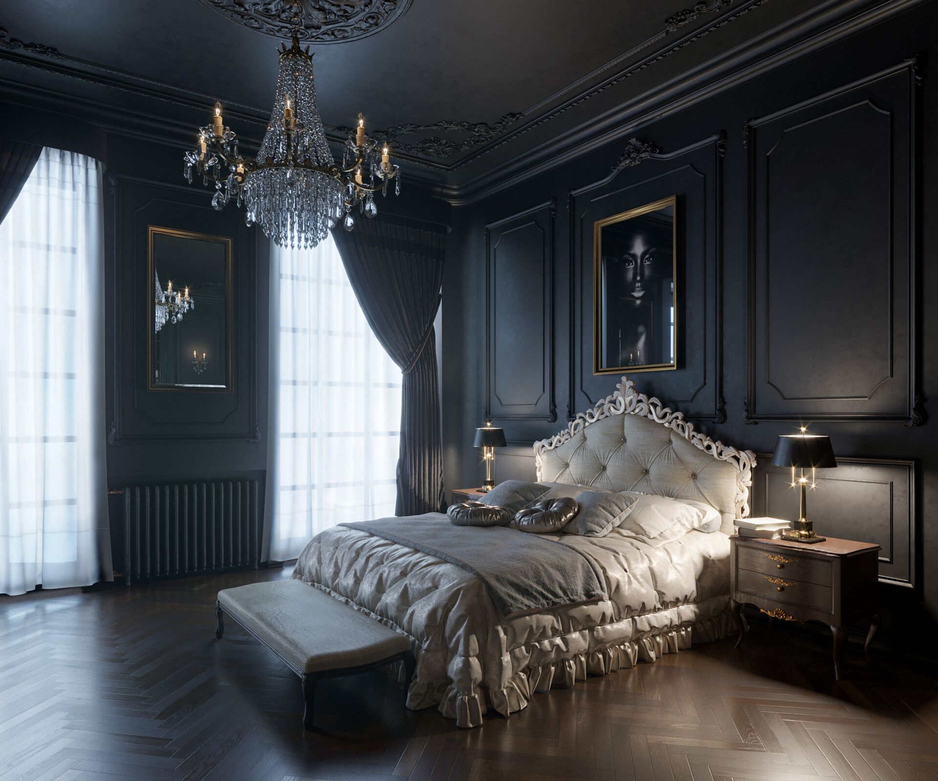 Sophisticated Dark Interior Of Bedroom