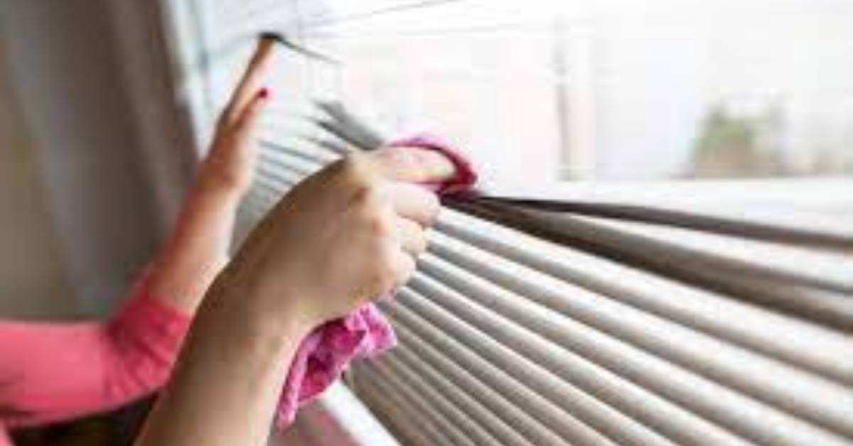 A lady cleaning Venetian blinds