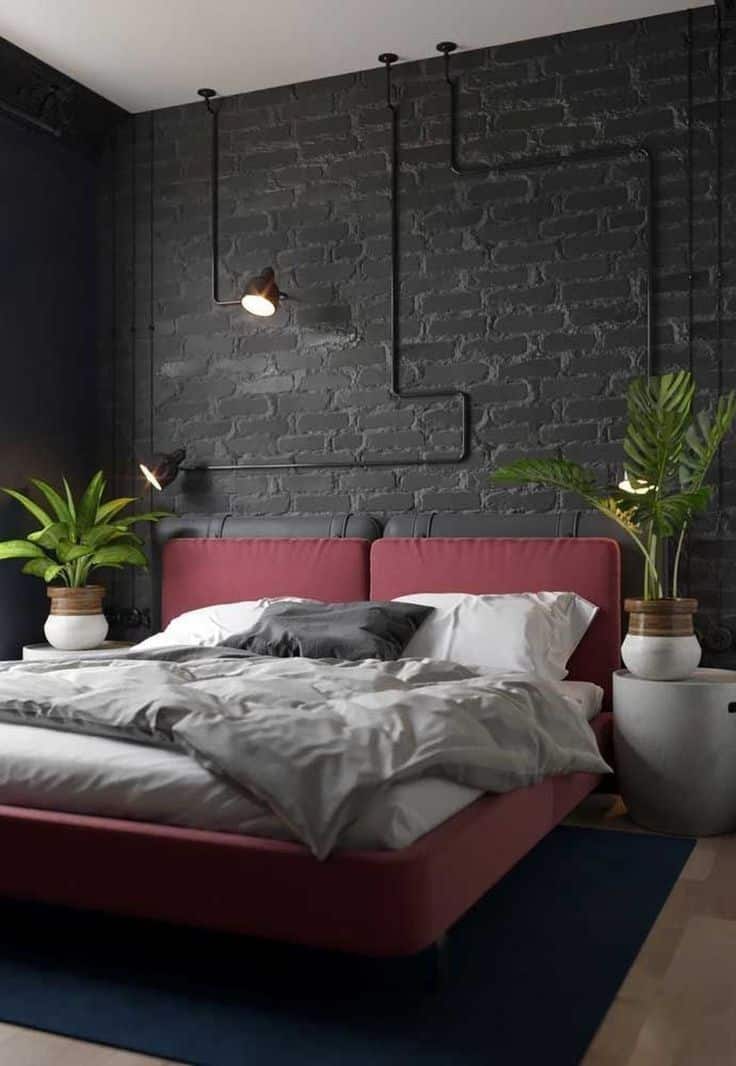 Industrial Look Via Black Brick Wall Bedroom