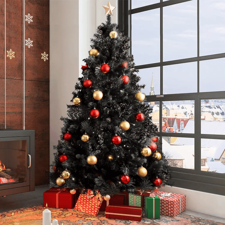 The minimal use of gold and red ornaments fits in a black Christmas tree