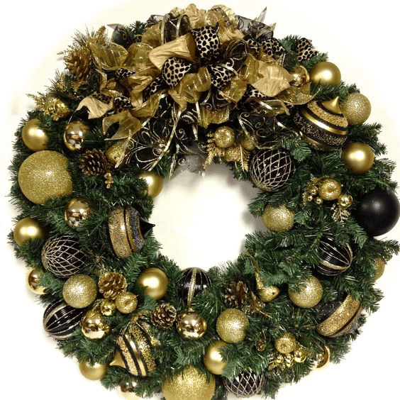 A stunning Christmas wreath featuring green, black, and gold palettes