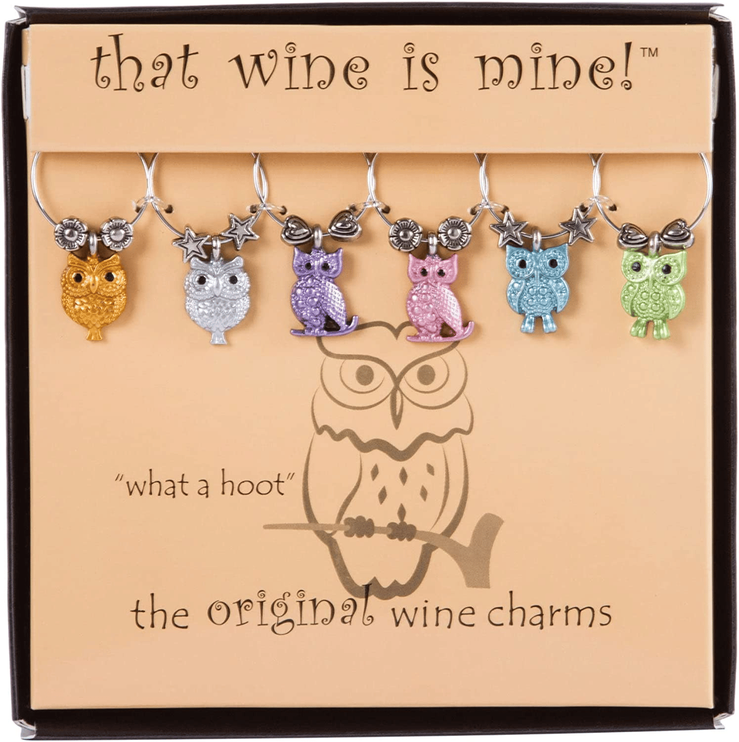 Owl-themed birthday party wine glass charms