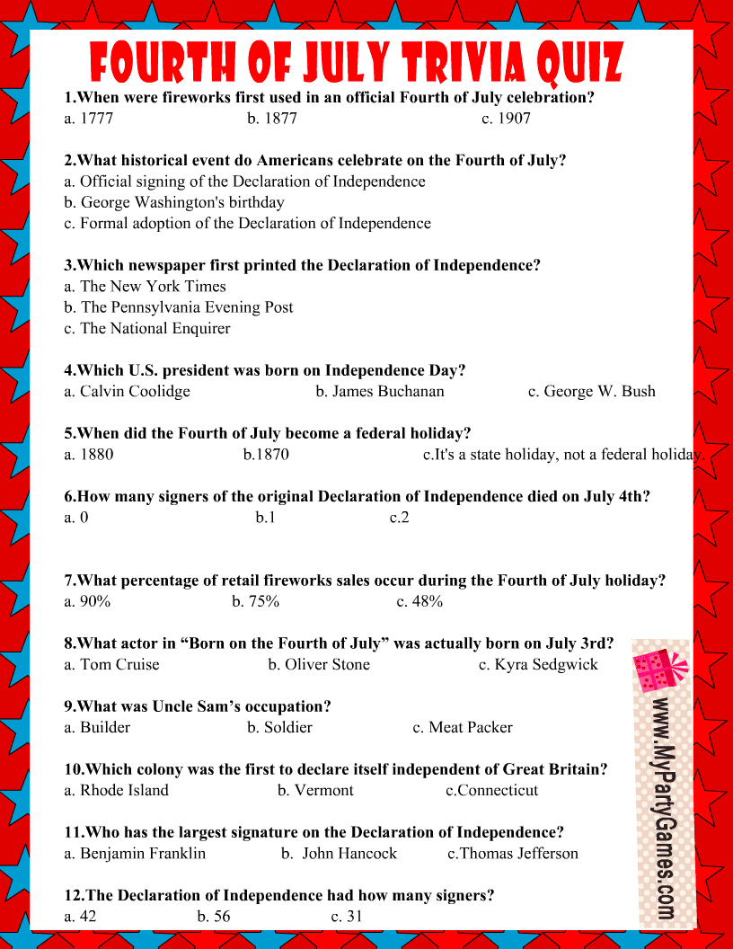 A Fourth of July patriotic trivia printable A Fourth of July patriotic trivia printable