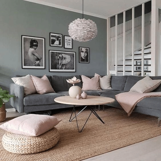 A living room with black, pink, gray, and white color scheme A living room with black, pink, gray, and white color scheme
