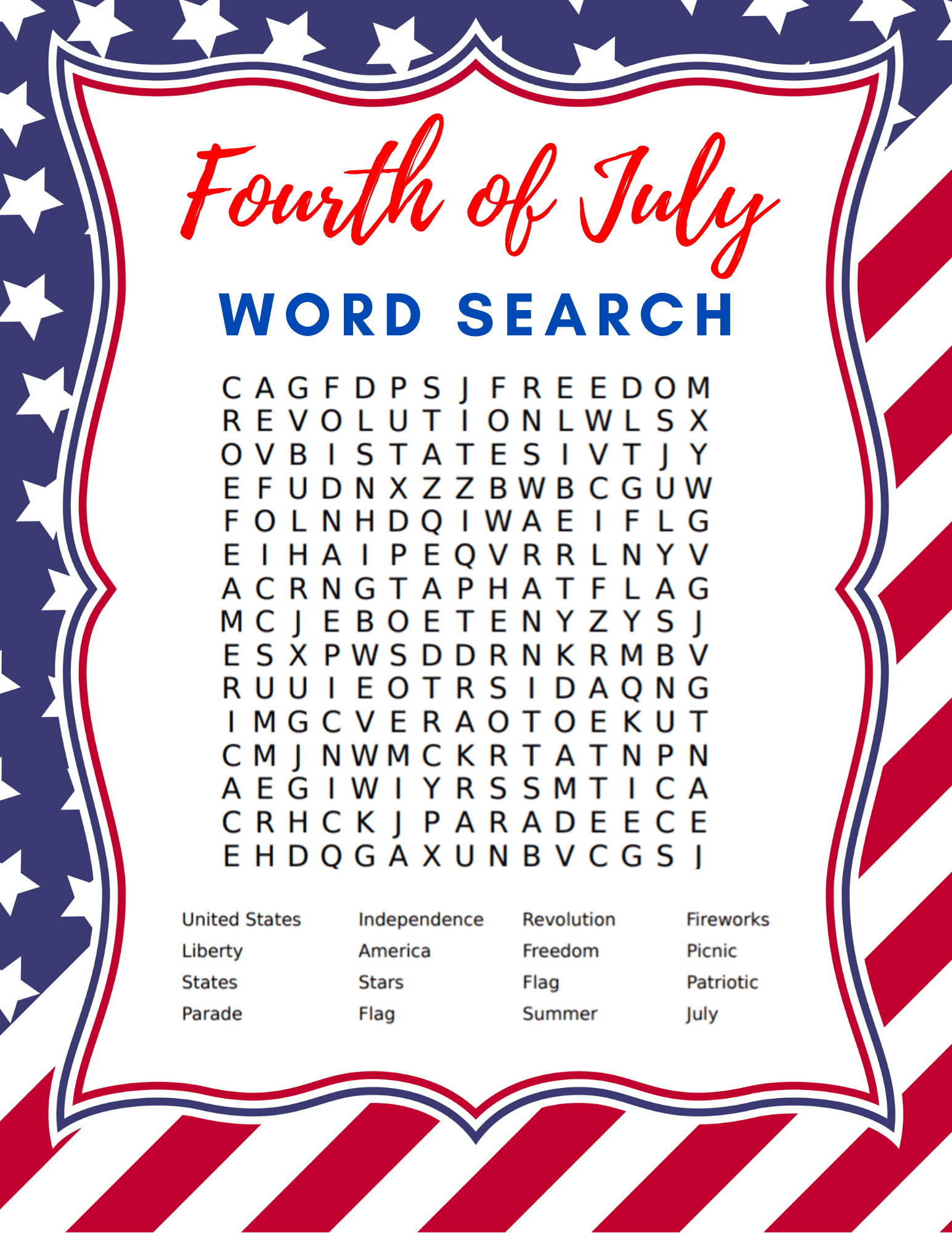  A printable image of a Fourth of July Word Search