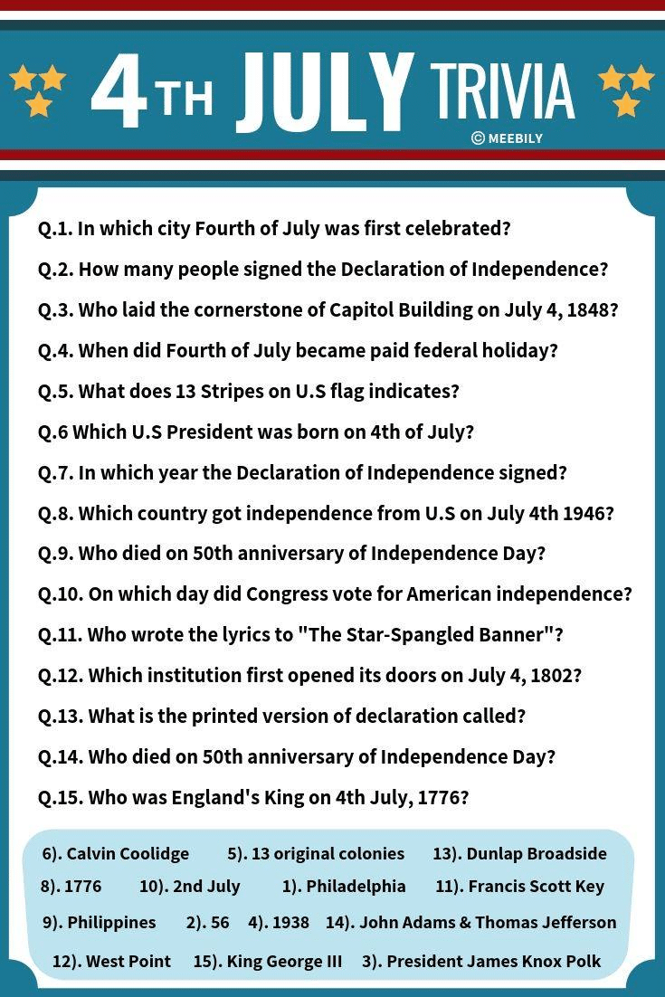 A printable image of a Fourth of July trivia quiz A printable image of a Fourth of July trivia quiz