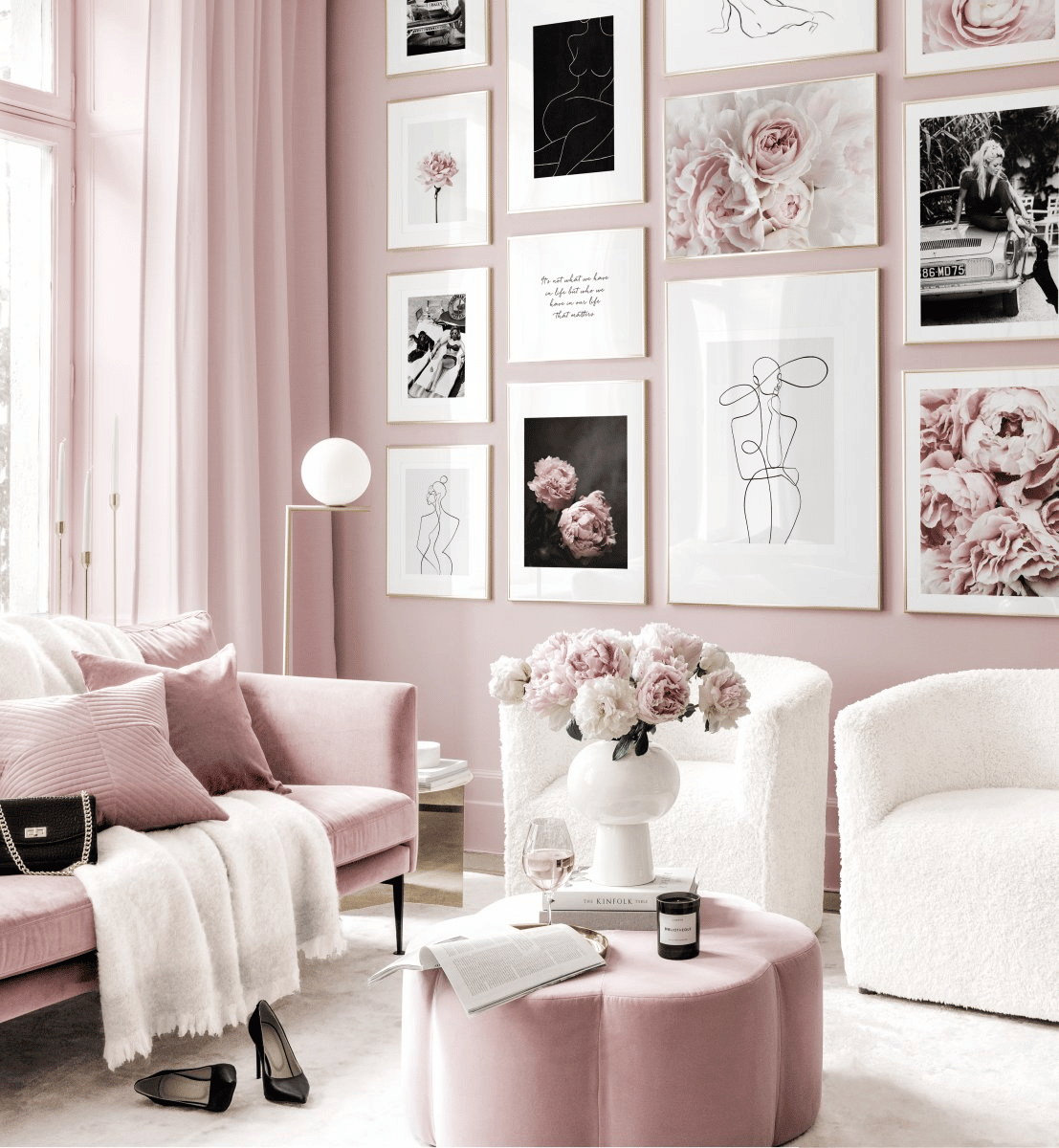 Alluring use of pink, white, and black decors in living spaces