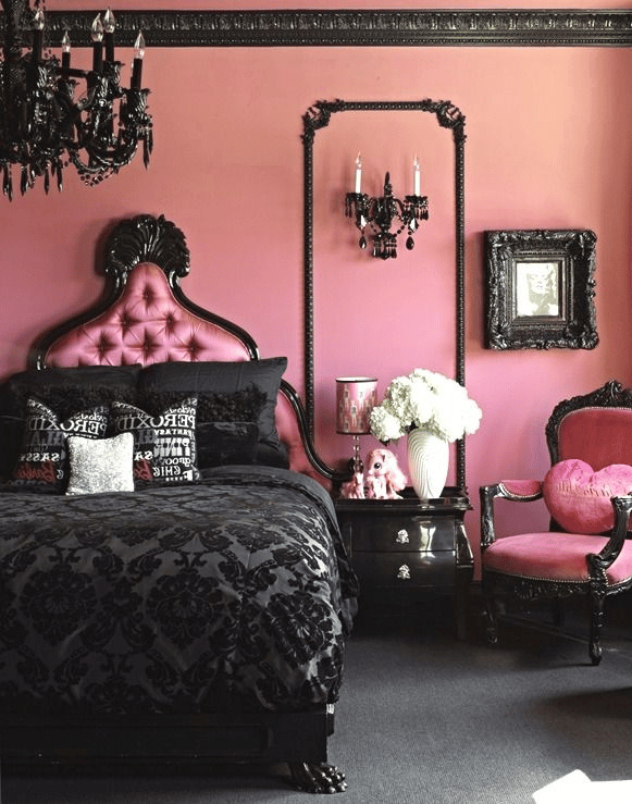 Bedroom with hot pink walls and dark decors Bedroom with hot pink walls and dark decors