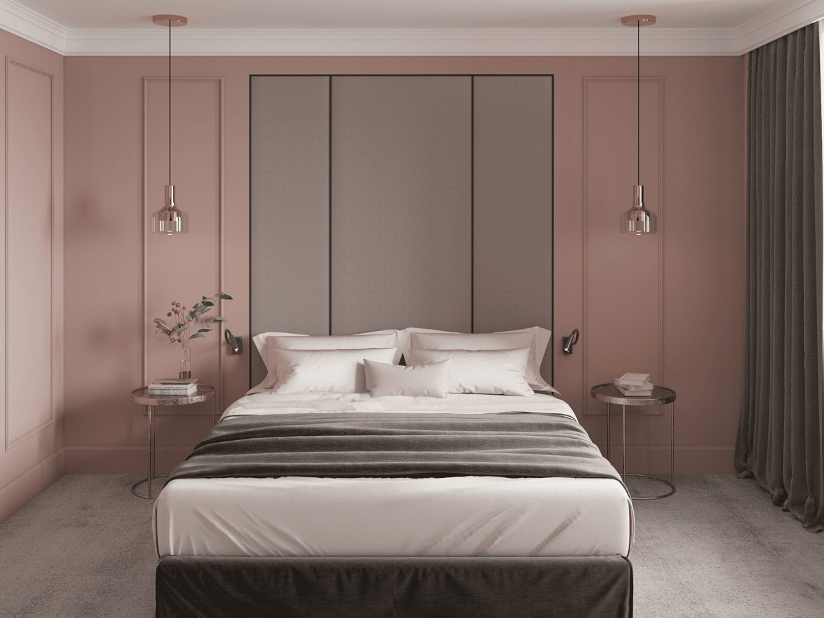 Light pink walls with dark accents in bedrooms