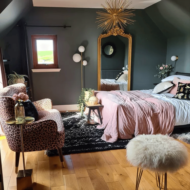 Pink-and-black bedroom setup
