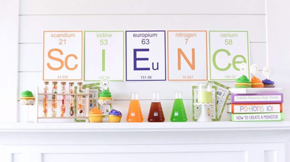 Science themed party decor idea for adults