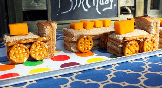 A vintage train-themed birthday party food A vintage train-themed birthday party food