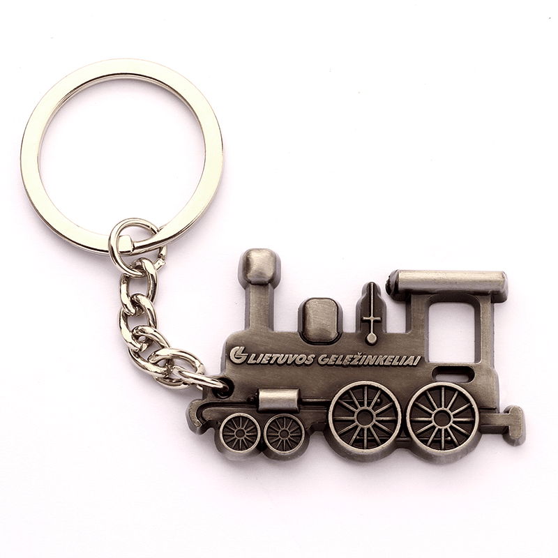 A vintage train-themed birthday party keychain A vintage train-themed birthday party keychain