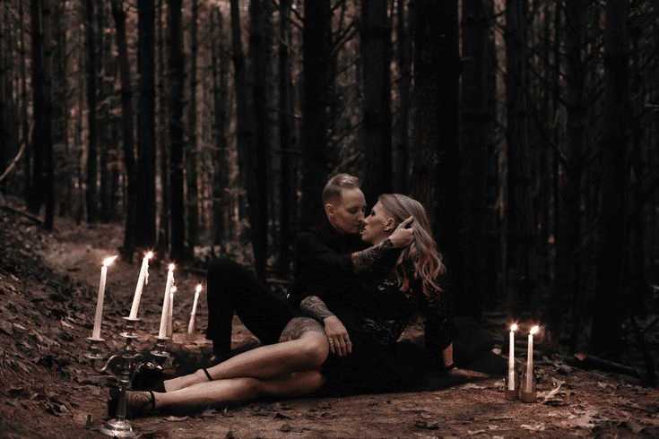 Halloween-themed photoshoot for a couple in a vampire get-up Halloween-themed photoshoot for a couple in a vampire get-up