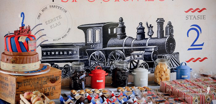 Vintage train-themed birthday party supplies