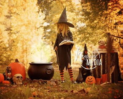 Halloween-themed photoshoot for a child in a witch costume