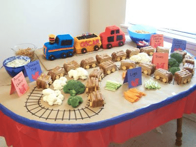 A vintage train-themed birthday party food